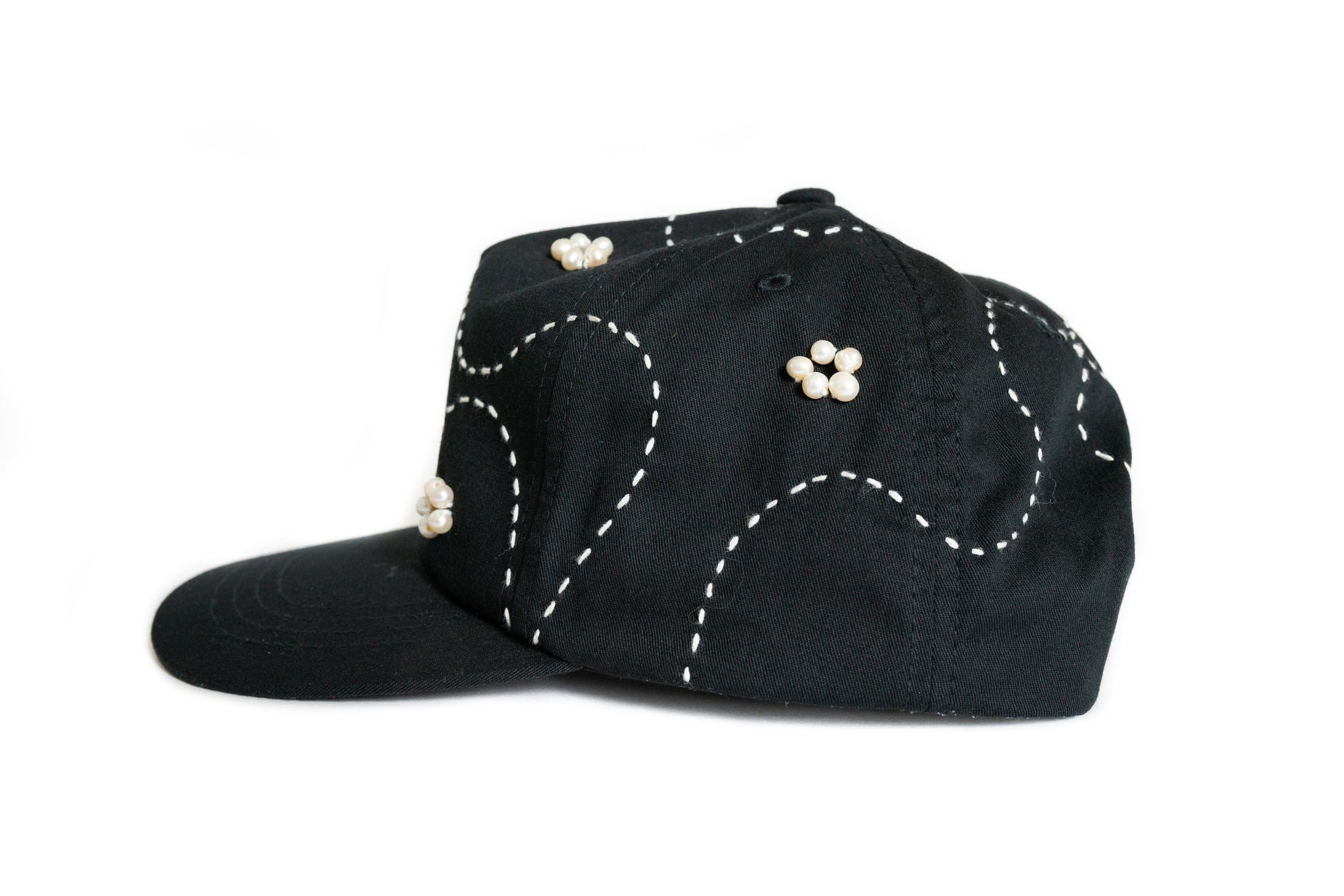 Custom Black Sashiko Flower Pearl Hat