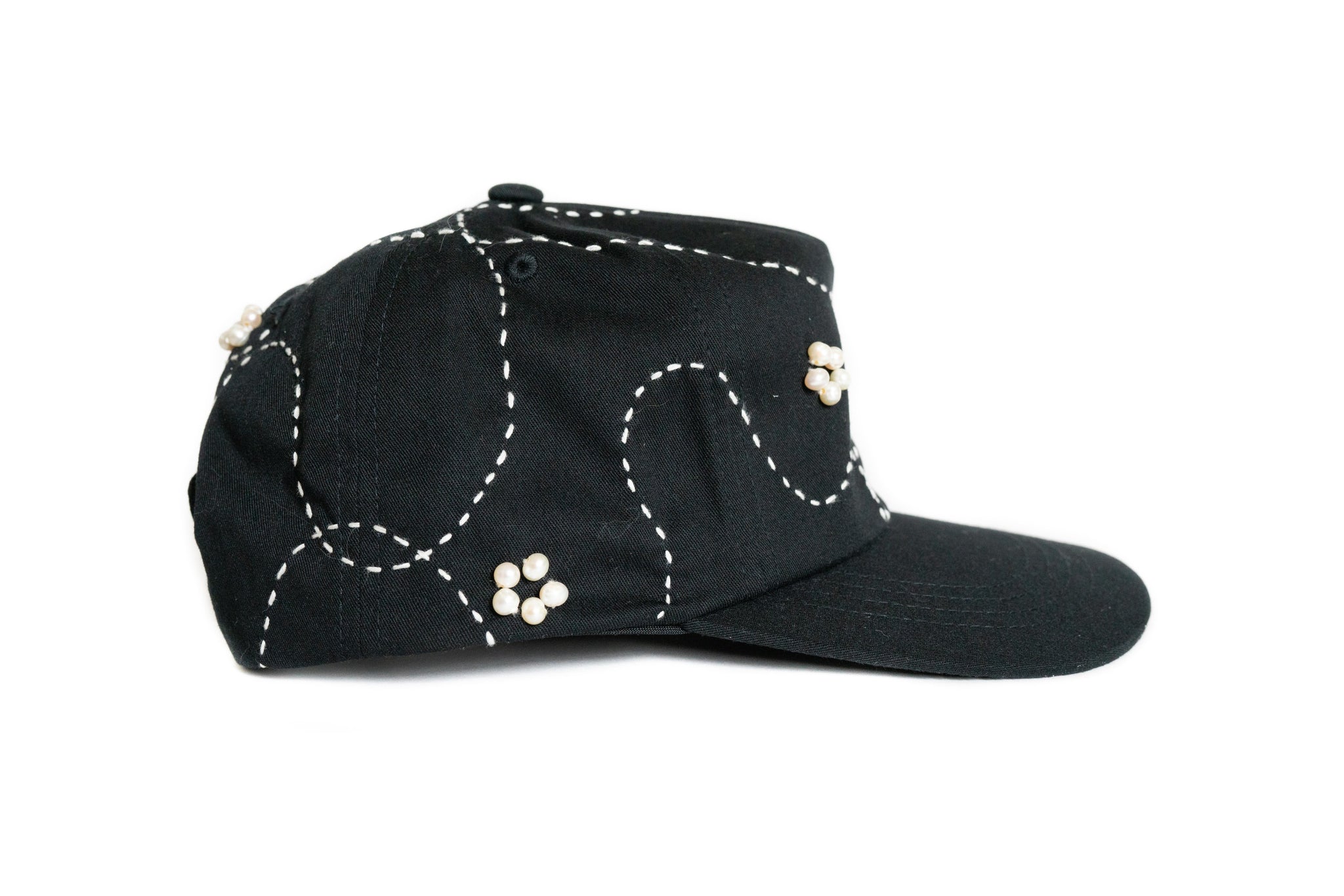 Custom Black Sashiko Flower Pearl Hat